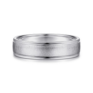 Gabriel & Co. MBH0164-60W4JJJ 14 karat white gold Classic men's wedding band, front view of a matte brushed strip held between two glossy stepped rims