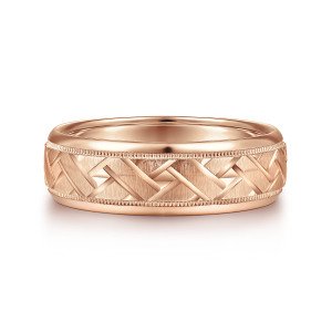 Gabriel & Co. MBH0166-70K4JJJ 14 karat rose gold Signature men's wedding band, front view of raised crossing bars over a brushed ground between two beaded rows