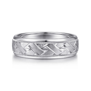 Gabriel & Co. MBH0166-70W4JJJ 14 karat white gold Signature men's wedding band, front view of crossing diagonal bars carved into a satin center with beaded lines beside it