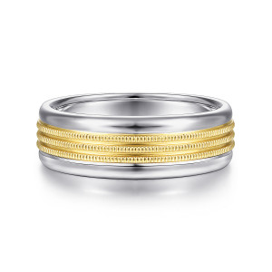 Gabriel & Co. MBH0168-70M4JJJ 14 karat white and yellow gold Signature men's wedding band, front view of three beaded rows between two high polish rails