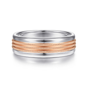 Gabriel & Co. MBH0168-70T4JJJ 14 karat white and rose gold Signature men's wedding band, front view of three beaded rows in the warmer tone between wide polished rounded sides