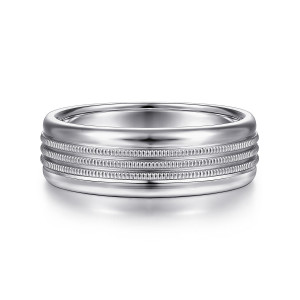 Gabriel & Co. MBH0168-70W4JJJ 14 karat white gold Signature men's wedding band, front view of three beaded rows between smooth polished shoulders