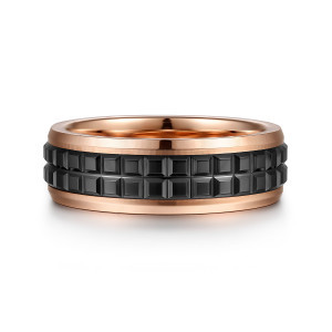 Gabriel & Co. MBH0171-70K4JCB 14 karat rose gold and black ceramic Exclusive men's wedding band, front view of two rows of square black blocks between beveled polished rims