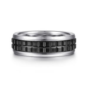 Gabriel & Co. MBH0171-70W4JCB 14 karat white gold and black ceramic Exclusive men's wedding band, front view of two rows of glossy black square blocks between polished beveled sides