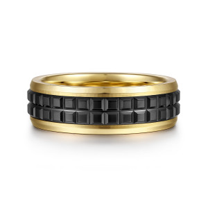 Gabriel & Co. MBH0171-70Y4JCB 14 karat yellow gold and black ceramic Exclusive men's wedding band, front view of two rows of raised square blocks between polished beveled edges