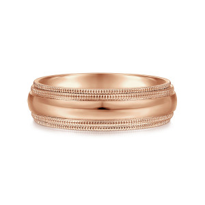Gabriel & Co. MBH0173-60K4JJJ 14 karat rose gold Signature men's wedding band, front view of the domed polished center between beaded milgrain rows