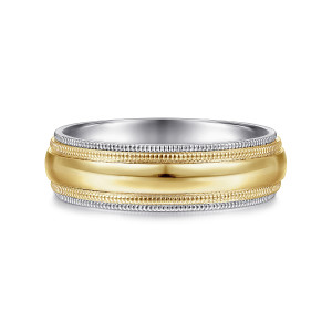 Gabriel & Co. MBH0173-60M4JJJ 14 karat white and yellow gold Signature men's wedding band, front view of the polished domed center with milgrain rows in two tones