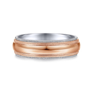 Gabriel & Co. MBH0173-60T4JJJ 14 karat white and rose gold Signature men's wedding band, front view of a glossy domed center between paired beaded rows in two tones