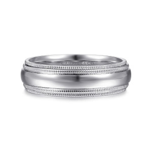 Gabriel & Co. MBH0173-60W4JJJ 14 karat white gold Signature men's wedding band, front view of the polished dome flanked by paired milgrain rows above and below