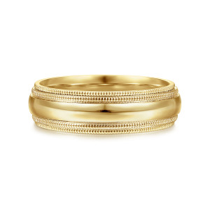 Gabriel & Co. MBH0173-60Y4JJJ 14 karat yellow gold Signature men's wedding band, front view of a glossy domed center flanked by rows of tiny beaded milgrain