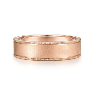Gabriel & Co. MBH0174-60K4JJJ 14 karat rose gold Classic men's wedding band, front view of the level satin center bordered by a beaded rim on each side