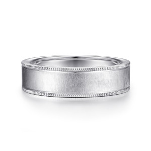 Gabriel & Co. MBH0174-60W4JJJ 14 karat white gold Classic men's wedding band, front view of the flat satin face bordered by a milgrain row on each edge