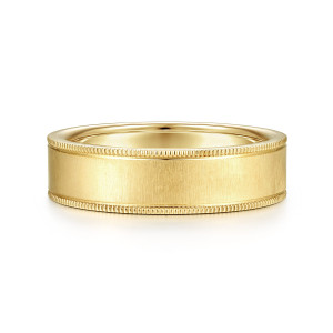 Gabriel & Co. MBH0174-60Y4JJJ 14 karat yellow gold Classic men's wedding band, front view of the plain brushed center between two fine beaded milgrain lines