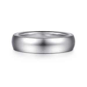 Gabriel & Co. MBH0187-60W4JJJ 14 karat white gold Classic men's wedding band, front view of a satin domed face curving into rounded edges above a polished inner wall