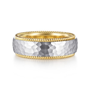 Gabriel & Co. MBH0189-80M4JJJ 14 karat white and yellow gold Signature men's wedding band, front view of the hammered face between two warmer twisted rope borders