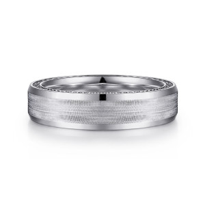 Gabriel & Co. MBH0191-60W4JJJ 14 karat white gold Exclusive men's wedding band, front view of the brushed flat center between polished beveled edges
