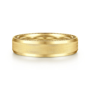 Gabriel & Co. MBH0191-60Y4JJJ 14 karat yellow gold Exclusive men's wedding band, front view of a flat satin face with polished beveled edges and beads peeking from the inner rim