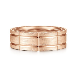 Gabriel & Co. MBH0192-80K4JJJ 14 karat rose gold Exclusive men's wedding band, front view of the brushed grid of rectangles and the flat square edges