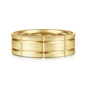Gabriel & Co. MBH0192-80Y4JJJ 14 karat yellow gold Exclusive men's wedding band, front view of the flat satin face cut into rectangular blocks by polished lines