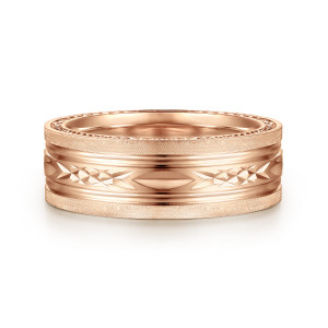 Gabriel & Co. MBH0193-80K4JJJ 14 karat rose gold Exclusive men's wedding band, front view of flat satin shoulders around a ridged channel of pointed ovals