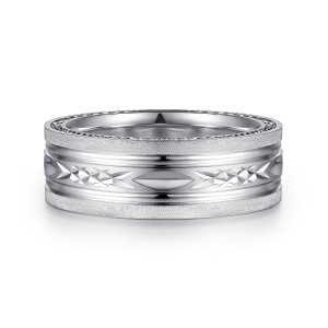 Gabriel & Co. MBH0193-80W4JJJ 14 karat white gold Exclusive men's wedding band, front view of a flat band with cut pointed ovals and starbursts between polished ridges