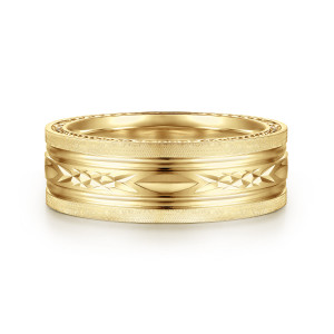 Gabriel & Co. MBH0193-80Y4JJJ 14 karat yellow gold Exclusive men's wedding band, front view of satin sides and a polished center channel with almond and star cuts