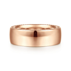 Gabriel & Co. MBH0205-80K4JJJ 14 karat rose gold Exclusive men's wedding band, front view of the smooth mirror face with beading just visible along the far rim
