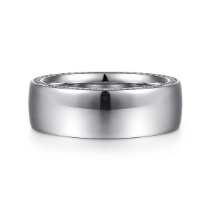 Gabriel & Co. MBH0205-80W4JJJ 14 karat white gold Exclusive men's wedding band, front view of the plain mirror-like face with a bead row just showing at the far edge