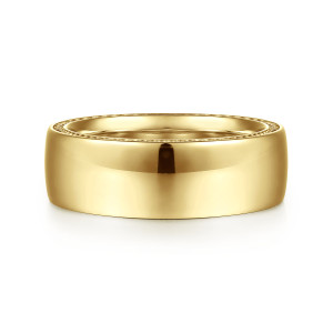 Gabriel & Co. MBH0205-80Y4JJJ 14 karat yellow gold Exclusive men's wedding band, front view of the plain high polish face with a beaded rim just showing behind it