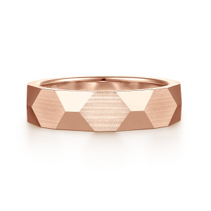 Gabriel & Co. MBH0221-60K4JJJ 14 karat rose gold Exclusive men's wedding band, front view of satin hexagon panels set between polished triangular facets