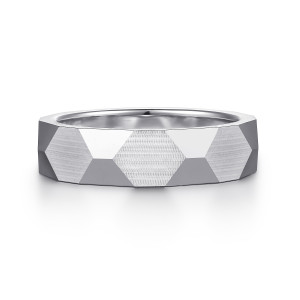 Gabriel & Co. MBH0221-60W4JJJ 14 karat white gold Exclusive men's wedding band, front view of frosted satin hexagons alternating with darker polished angled facets