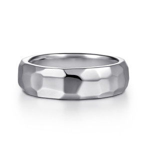 Gabriel & Co. MBH0222-70W4JJJ 14 karat white gold Signature men's wedding band, front view of irregular bright and dark planes covering the polished face