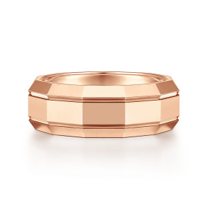 Gabriel & Co. MBH0223-80K4JJJ 14 karat rose gold Signature men's wedding band, front view of flat polished facets with stepped shoulders and angled corner cuts