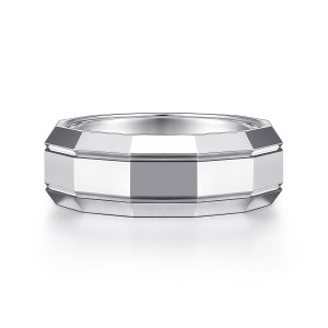 Gabriel & Co. MBH0223-80W4JJJ 14 karat white gold Signature men's wedding band, front view of flat polished facets meeting in a many-sided outline with a groove at each side