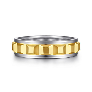 Gabriel & Co. MBH0230-60M4JJJ 14 karat white and yellow gold Signature men's wedding band, front view of faceted studs in a warmer tone between smooth paler rounded rails