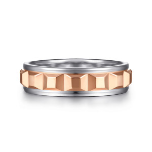 Gabriel & Co. MBH0230-60T4JJJ 14 karat white and rose gold Signature men's wedding band, front view of warm raised blocks with angled facets between two smooth cooler rims