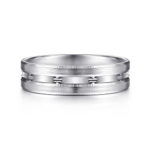 Gabriel & Co. MBL0125-60W4JJJ 14 karat white gold Signature men's wedding band, front view of the recessed polished channel with spaced notches between satin sides
