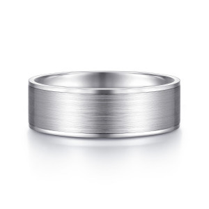 Gabriel & Co. MBL0143-70W4JJJ 14 karat white gold Classic men's wedding band, front view of a flat satin face between two narrow polished borders