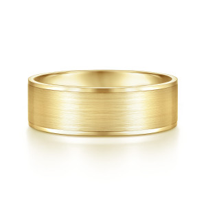 Gabriel & Co. MBL0143-70Y4JJJ 14 karat yellow gold Classic men's wedding band, front view of a flat satin face with narrow polished borders along both edges