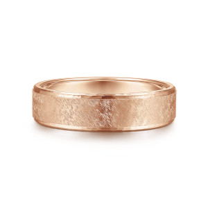 Gabriel & Co. MBL0147-60K4JJJ 14 karat rose gold Classic men's wedding band, front view of a flat face with rough brushed texture between narrow polished rims