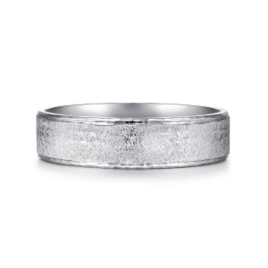 Gabriel & Co. MBL0147-60W4JJJ 14 karat white gold Classic men's wedding band, front view of the coarse frosted texture framed by narrow polished edges