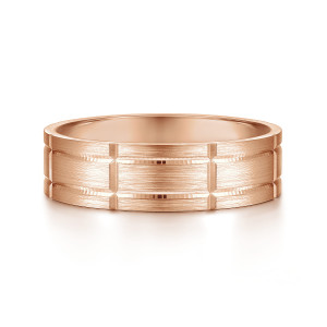 Gabriel & Co. MBL0149-60K4JJJ 14 karat rose gold Classic men's wedding band, front view of brushed block faces divided by ridged grooves and crosswise cuts