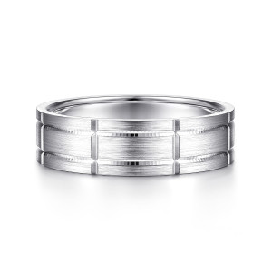 Gabriel & Co. MBL0149-60W4JJJ 14 karat white gold Classic men's wedding band, front view of the flat satin face divided into panels by grooves and vertical cuts