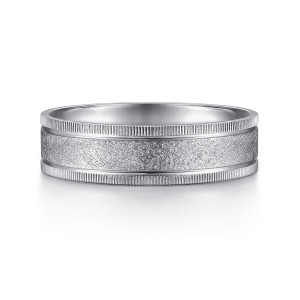 Gabriel & Co. MBL0151-60W4JJJ 14 karat white gold Classic men's wedding band, front view of a coarse scratched center bordered by two finely ridged rims