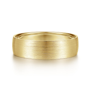 Gabriel & Co. MBL0156-60Y4JJJ 14 karat yellow gold Classic men's wedding band, front view of an unbroken brushed face curving over softly rounded edges