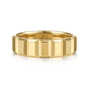 Gabriel & Co. MBL0241-60Y4JJJ 14 karat yellow gold Signature men's wedding band, front view of polished rectangular blocks with angled sides meeting at sharp creases across the face