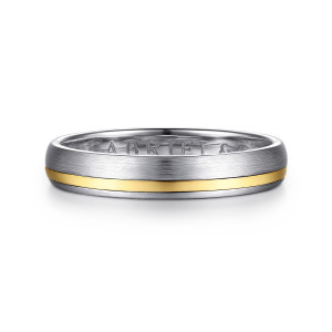 Gabriel & Co. MBL0245-40M4JJJ 14 karat white and yellow gold Classic men's wedding band, front view of the satin domed body with a single glossy warm stripe below center