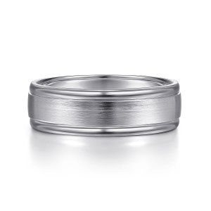 Gabriel & Co. MBM0100-70W4JJJ 14 karat white gold Signature men's wedding band, front view of the raised satin center panel framed by two rounded polished rims