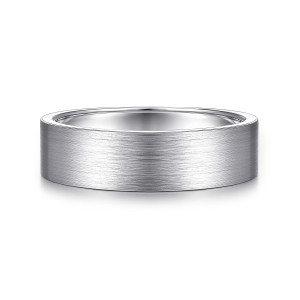 Gabriel & Co. MBM0101-60W4JJJ 14 karat white gold Classic men's wedding band, front view of a plain flat band with fine straight brushed grain