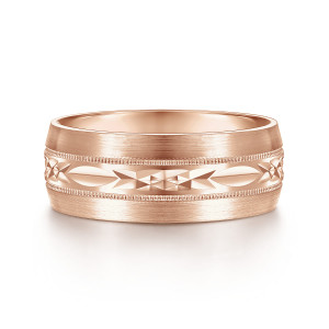 Gabriel & Co. MBM0103-80K4JJJ 14 karat rose gold Signature men's wedding band, front view of a satin band with beaded milgrain borders around a faceted center channel